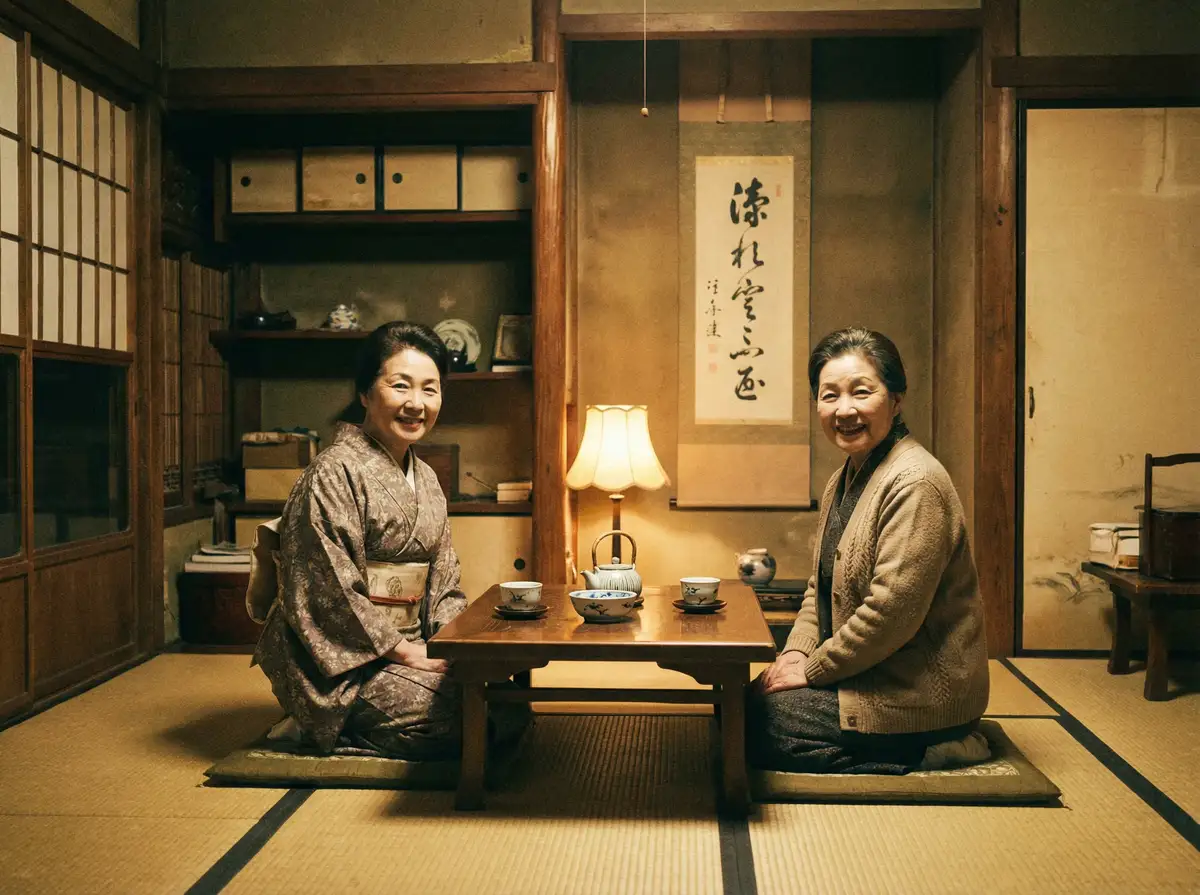 两位优雅的 神秘视频 在日式茶室中品茶交谈